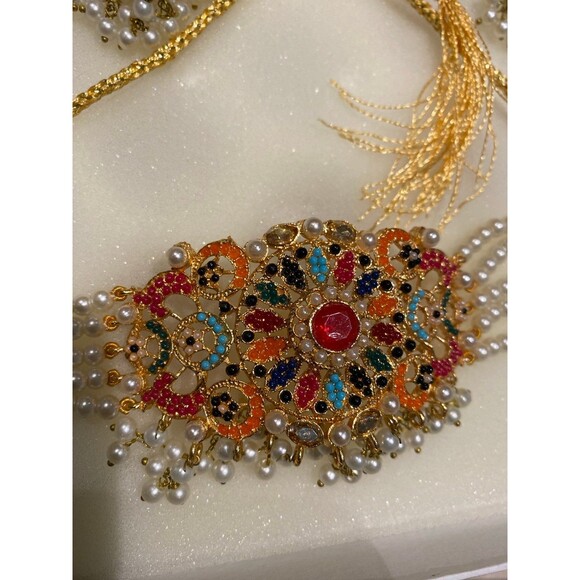 Nauratan Choker Jewelry Set Semi Precious stone Indian Pakistani Bridalwear NWT - Picture 6 of 12